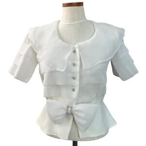 Vintage Ann Hobbs Cattiva Organza Bow Blouse XS White 80s Couture Wedding USA